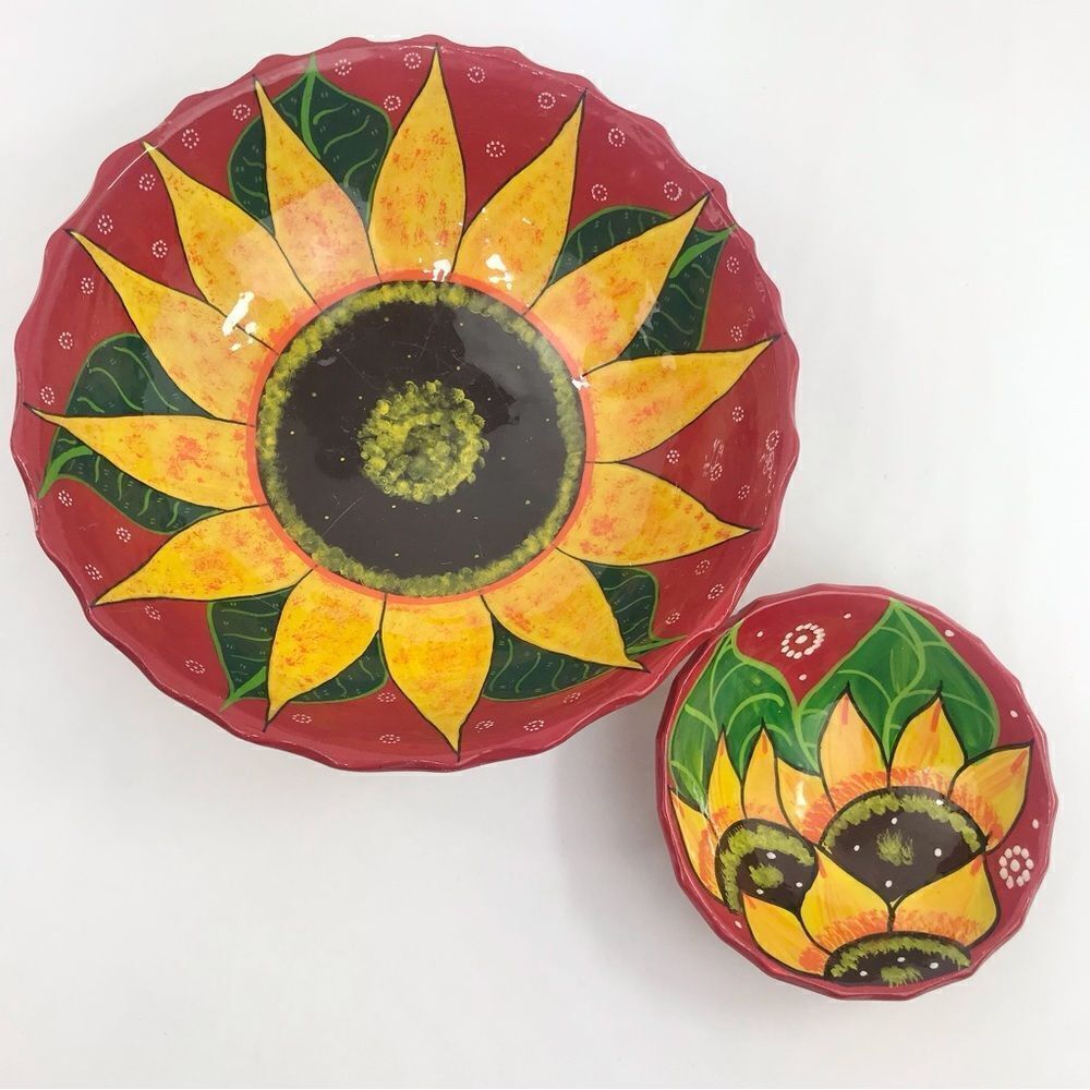 Painted Sunflower Mexican Pottery 2 Piece Serving Decorative Bowl Set